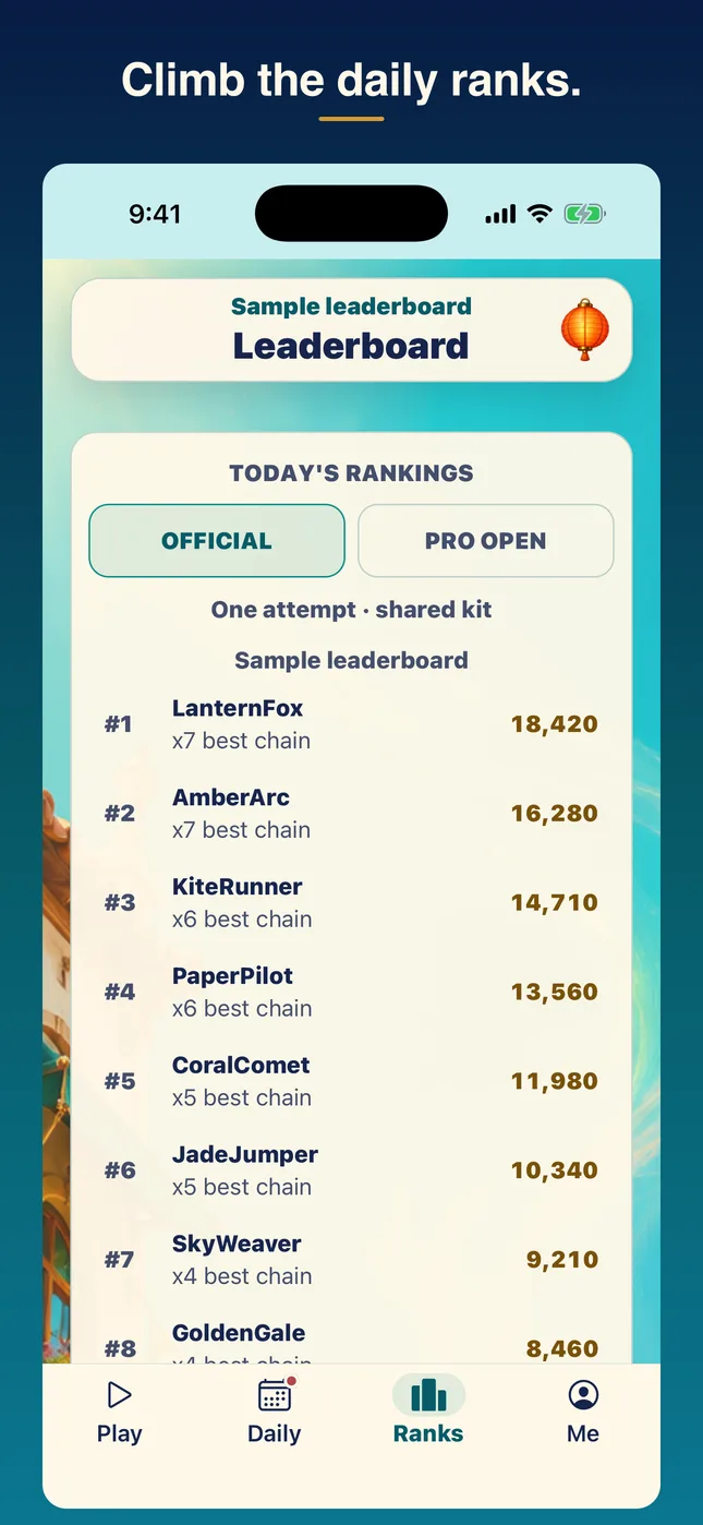 Climb the daily ranks. Sample leaderboard.