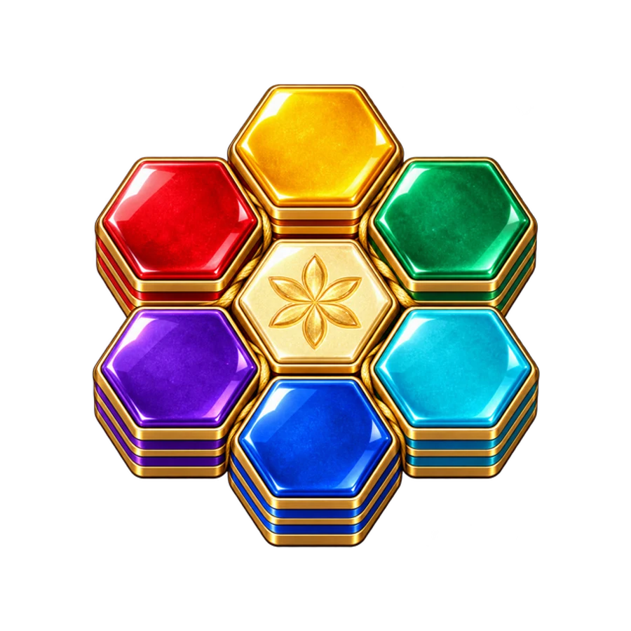 Hexloom's jewel-colored stacks surrounding a golden Rosette