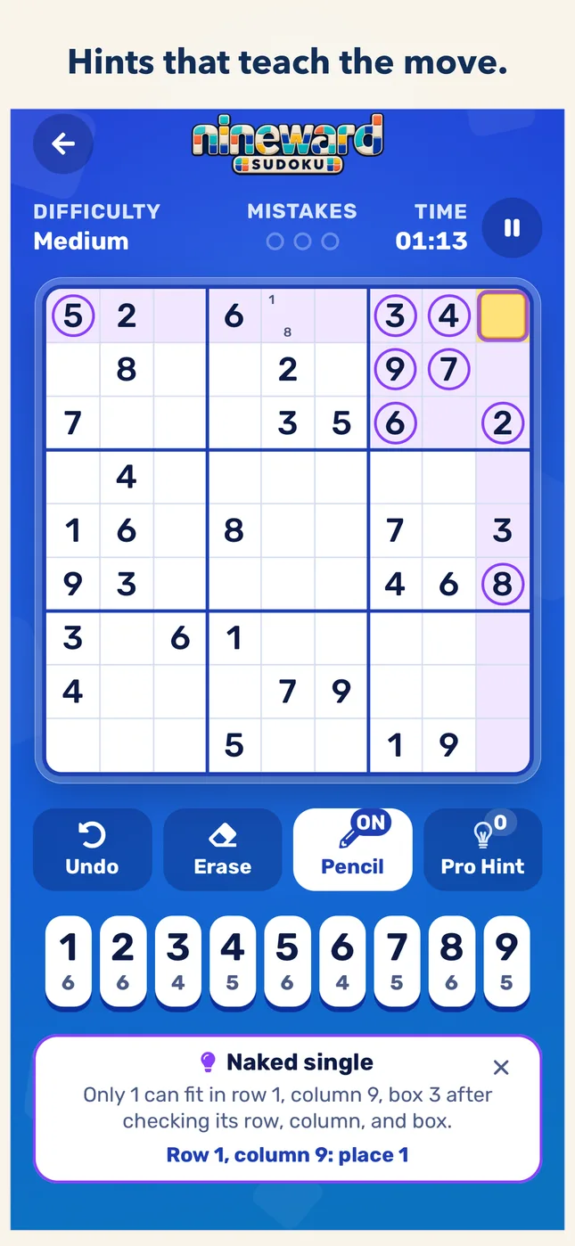 Hints that teach the move.
