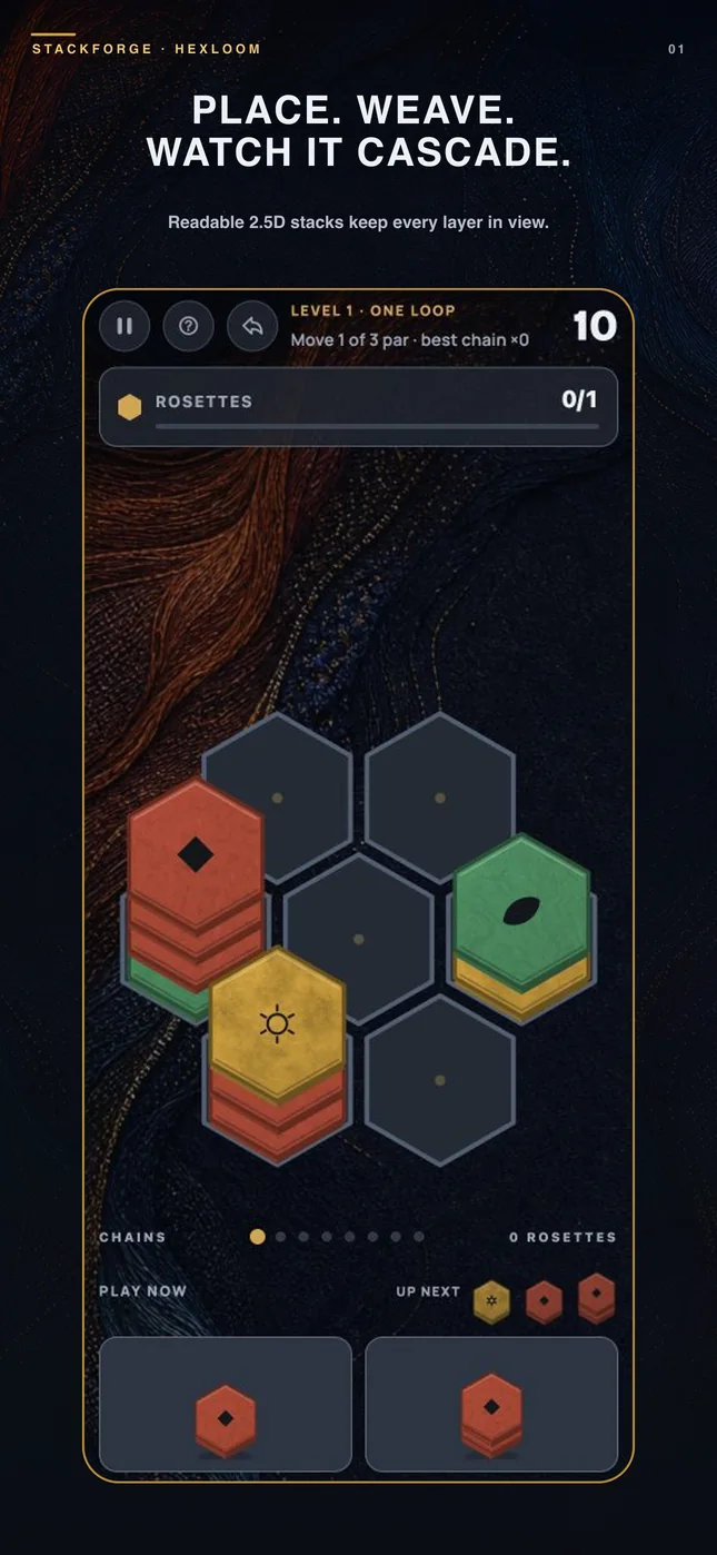Hexloom board showing three Play Now stacks, three Up Next stacks, and readable layered pieces
